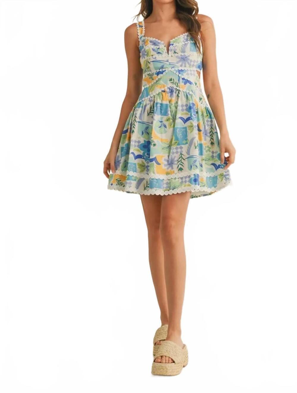NEW &MERCI cut out lace trim mini dress in blue multi